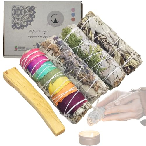 SAMAYZEN - Kit Sahumerios de Salvia Blanca para Quemar con Sinuata Blanca, Ruda, Morada, Salvia con pétalos de Rosa y Salvia con Palo Santo – Incienso Natural para Meditación y Limpieza Energética
