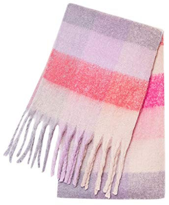 YCBMINGCAN Écharpe tissée en tricot pour femme avec motif à carreaux colorés et longues franges épaisses, écharpe chaude d'hiver bleue pour femme, Rose-a., taille unique