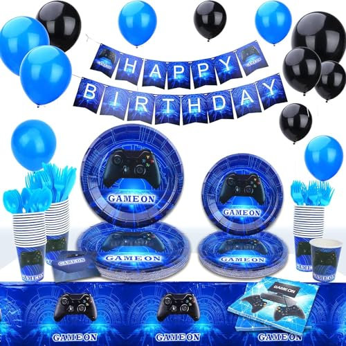 Video Game Party Decorations,Video Game Party Supplies Includes Banner, Plates, Cups, Napkins, Tablecloth,Gamer Birthday Decorations for Kids