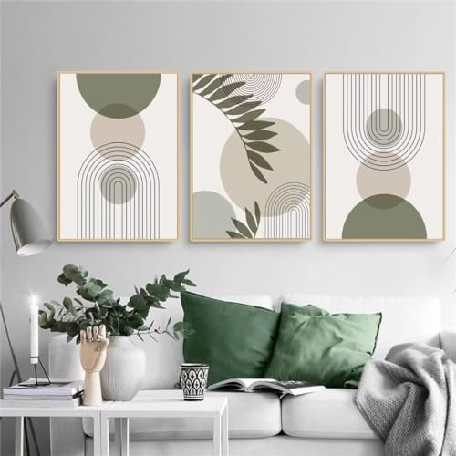PWAAHDC Moderne Bilder Wohnzimmer Poster Set 50x70 Hochformat - Boho Abstrakte Grüne Pflanzen Leinwand Bilder 3er Set - Wandbilder für Schlafzimmer Ohne Rahmen