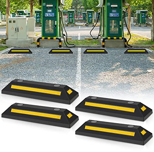 Izrielar 4 Stück Radstopper Parkplatzsperren Gummi Parkplatzbegrenzer Parkbegrenzung Parkplatzmarkierung Anfahrschutz mit Gelb Reflektierende Streifen für Garage und Parkplätze