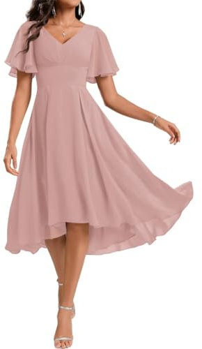 WSEYU Robe de demoiselle d'honneur longueur genou pour juniors, col en V, mousseline plissée, robe de soirée, gala, jardin, rose poudré, taille 36