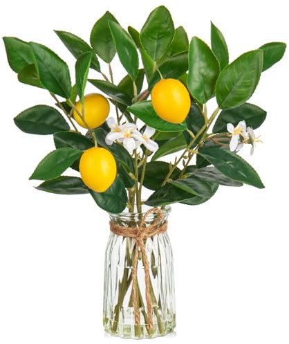 Oairse Kunstpflanze Zitronenstiele in Glasvase mit künstlichem Wasser, Künstliche Zitronenzweige, Blumenarrangement, Zitronen-Tischdekoration für Zuhause, Küche, Esstischdekoration, Höhe 35cm