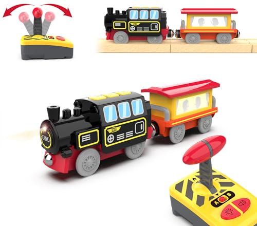 Motorized Train Age 3+ for Wooden Track, Remote Control Train with Magnetic Connection, Battery Operated Locomotive Train for Toddlers, Compatible with Thomas, Brio