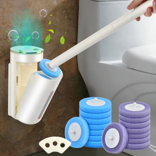 Brosse de Toilette Recharge, OctBird Brosse WC Suspendu Balayette WC, Porte Brosse WC, Systeme de Nettoyage de Toilette, Brosse pour Cuvette de Toilette(16 Têtes Recharges avec Socle