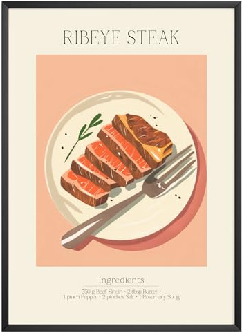 MJ-GRAPHICS - Poster Steak - Bild mit Speisen Rezept & Zutaten - Wandbild Din A3 in Galerie Qualität mit extra dickem 300g Posterpapier - Retro Poster FineArt Kunstdruck ohne Bilderrahmen