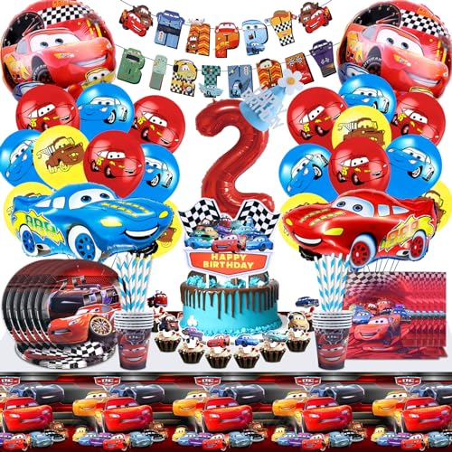AWERTGY 101 Pièces Anniversaire Car,Vaisselle Anniversaire Car 2 Ans,Car Deco Anniversaire Enfant,Assiettes, Serviettes,Nappe,Bannière e Ballon,Garçon Décoration de Fête