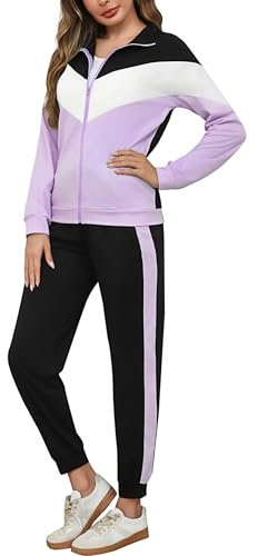Marvmys Tuta Donna Sportiva Elegante Completa Tute Maniche Lunghe Colore Contrasto Autunno Invernale Sportivi Abbigliamento Jogging Yoga Training Fitness viola chiaro XXL