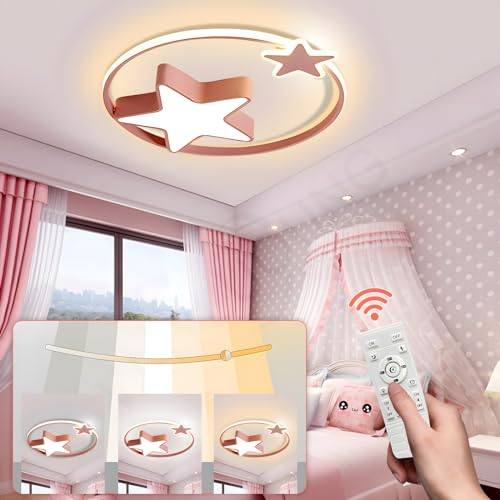 Rosa LED Deckenleuchte | Moderne Runde Kinderlampe | Sterne Sternenhimmel Kinderlicht | Ø55cm 48W | Dimmbar Mit Fernbedienung 2700K-6500K | Kinderzimmer Jungen Mädchen Deckenleuchte Schlafzimmer