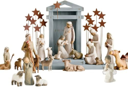 JTBDWOSK 20-teiliges Krippenfiguren-Set für Weihnachten, Mini-Krippenfiguren, Jesus-Krippenstatuen aus Harz, Tischdekoration für Weihnachten,Braun