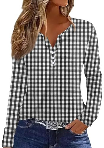 Langarmshirt Mit Knopfleiste Für Frauen V-Ausschnitt Blusen Damen 2024 Urlaub Trendy Boho Shirts Freizeit Blusen & Tuniken Vintage Bedrucktes Blumen Bequeme Tunika Kleidung (Gray,XXL)