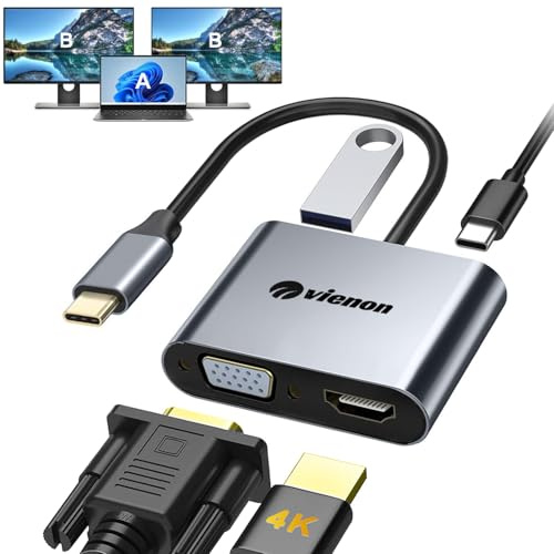 VIENON USB C to HDMI VGA Adapter for Dual Monitor, 4 in 1 USB C Hub with 4K HDMI, 1080P VGA, USB 3.0 5Gbps, 100W PD Compatible for MacBook Air/Pro, Dell XPS, Surface, iMac More