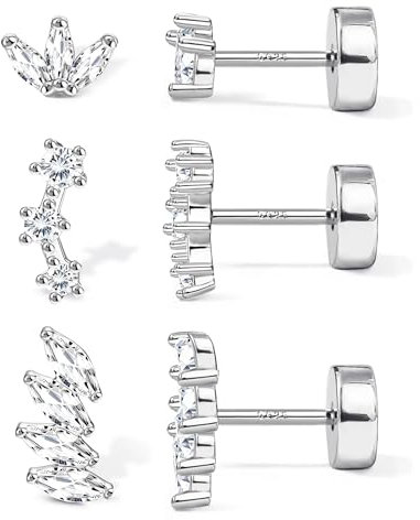 JeweBella 3 Paar Flatback Ohrstecker Silber 925 für Damen 14 Karat Vergoldet Ohrringe Stecker Gold Silber Ohrringe Silber 925 Set Klein Zirkonia Kugel Herz Ohrringe Set für Mehrere Ohrlöcher