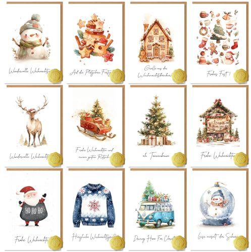 Vielucks 12 x Weihnachtskarten Geschenkset - DIN A6 - Original - inkl. Umschlag und Aufkleber, Weihnachtskarte mit Sprüche Dankeskarten Christmas Postkarten, Schön Weihnachtskarten mit Umschlag Set