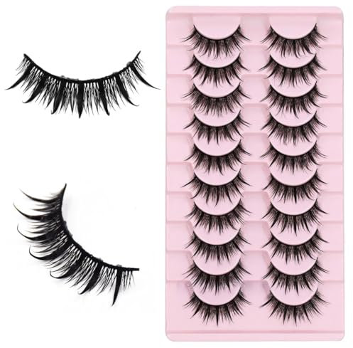 ZEPIQOR Faux Cils Naturel Bande Transparente Minces 10 Paires 3D Faux Cils Oeil de chat Reutilisable Fake Lashes Moelleux faits à la main Mink Fluffy False Eyelashes