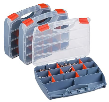 Relaxdays Caja Organizadora Tornillos, Set de 3, Maletín Clasificador Tacos y Herramientas, 6 x 32 x 26 cm, Gris y Rojo, 6x32x26 cm