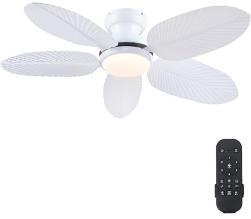 Kviflon - 45 Inch Tropical Ceiling Fan with LED Lights, Remote Control and APP, Flush Mount, Palm Leaf Design, Ideal for Bedroom, Patio and Outdoor Porch, White