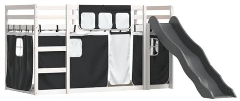 vidaXL Bunk Bed with Slide and Curtains - Loft White/Black, Solid Pine Wood, 90x200 cm, Indoor for Kids, Bedroom, Fun and Functional