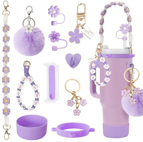 XPHZZL for Stanley Cup Accessories Set, 11PCS Stanley Cup Decor, Includes Splash Cover, Coaster, Straw Cover, Dasiy Water Bottle Handle Strap, Charms for Cup 40oz and 30oz Tumbler-Purple