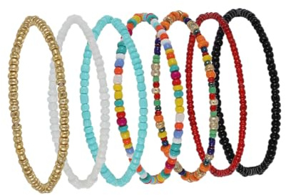COMPUKAS Bunte Perlen Armbänder Damen 7-Teiliges Set Handgefertigte Elastische Handgelenkketten Modeschmuck Leicht Für Alltag Party Und Reise