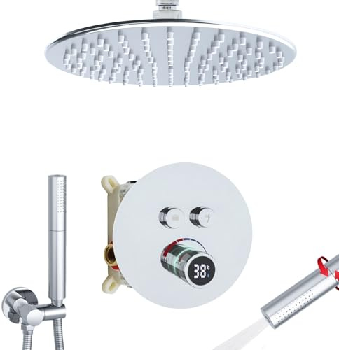 Delnet Digital Display Valve Shower Mixer Set with 4 Holes 10 Round Ceiling Mounted Rain Shower Head, Can Use 2 Functions at A Time, Chrome