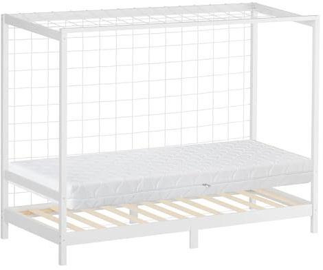 ML-Design Kinderbett Fußballtor 90x200 cm mit Matratze H:16cm, Weiß, Kinder Einzelbett, Holzbett mit Lattenrost/Tornetz, Jugendbett Kiefernholz, Bettgestell Spielbett Bett Fußballbett-Tor Handballtor