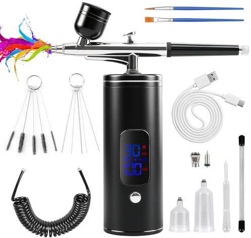 Nail Airbrush Kit with Compressor, Cordless Nails Ombre Spray Machine | 0.3mm Nozzle, 3 Gears, LCD Display, Cordless & Rechargeable, for Nail Art, Makeup, Painting, Cake Decor (Black)