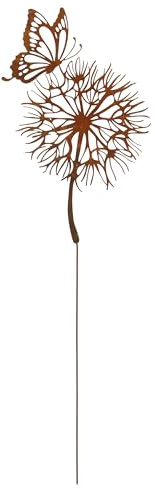UNUS Roststecker Pusteblume mit Schmetterling aus Metall, Höhe 96 cm dekorativer Gartenstecker in Edelrost-Optik für Beete, Blumen und Pflanzen