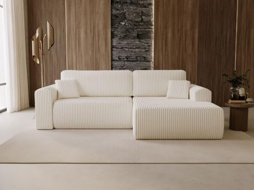 GRAINGOLD Belvio Ecksofa 257x177 cm, L-Form Sofa, Schlafcouch für Wohnzimmer, Velour, 3-Sitzer Eckcouch, Modernes Design (Creme, Rechts)