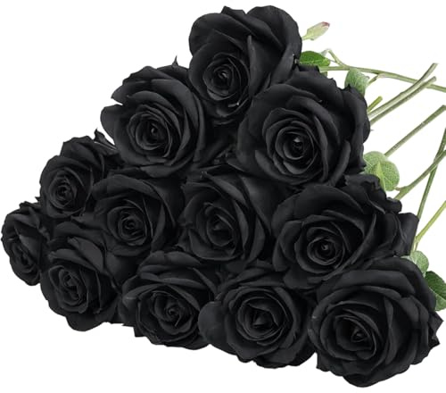 JISRKP 12 Black Artificial Flowers Bouquet, Black Roses, Artificial Black Flowers for Home Decor, Fake Roses for Wedding Centerpieces