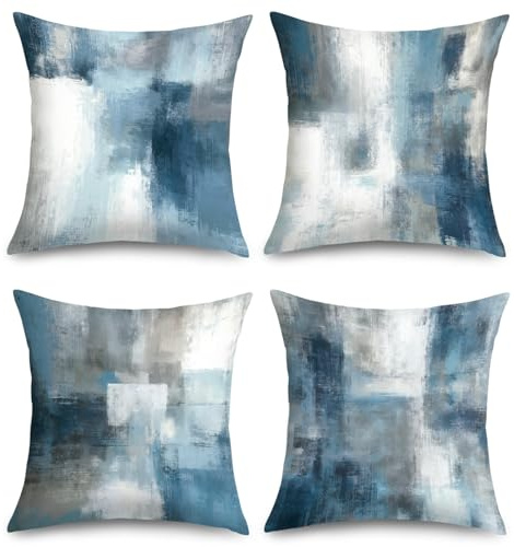 Joymaison Kissenbezüge 45x45 4er Set Blau und Grau Gemälde Abstrakt Kunst | Deko Kissenhülle Gemälde Aquarell Zier Künstlerisch Minimalistisch für Geschenk Dekorative Kissenbezug Kissen für Couch Sofa