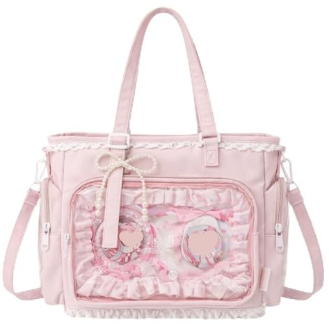JIABAOZ Ita Bag Umhängetasche Damen, Pin Display Tasche mit Einsatz und Transparentem Sichtfenster, Kawaii Y2K Schultertasche mit Rüschen und Reißverschluss, Anime Messenger Bag