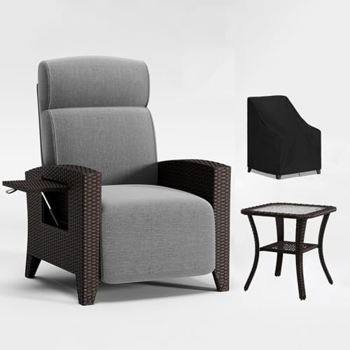 Relaxsessel Rattan Wetterfest mit Liegefunktion, Verstellbarer Rückenlehne und Fußstütze – Relaxliege Outdoor Gartensessel für Garten, Balkon, Wohnzimmer, 220kg belastbar, Liegesessel mit Abdeckung
