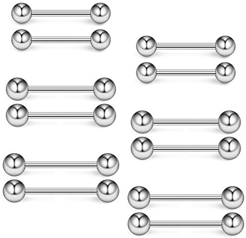 Ruifan 12PCS 16G Surgical Steel Shiny Ball Nipple Tongue Shield Ring Barbell Body Piercing Jewelry Retainer 12mm 14mm 16mm - Silver