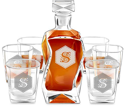 Maverton Whiskey Karaffe + 6er Whiskygläser Set mit Gravur - 700ml Whisky Dekanter - Geschenk zum Geburtstag für Männer - Buchstabe