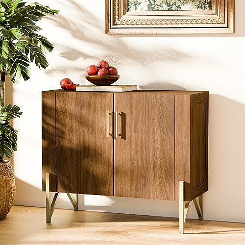 roomfitters Mittelalterlicher Seitenplatte, Esszimmer Server, Credenza, Buffettisch mit Stauraum, Elegante warme Nussbaum Finish mit goldenen Beinen