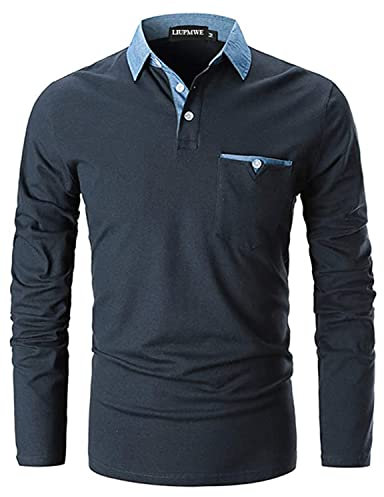 LIUPMWE Mens Casual Long Sleeve Polo Shirts with Pocket Cotton Denim Collar Golf Tops,Blue-YT01,L