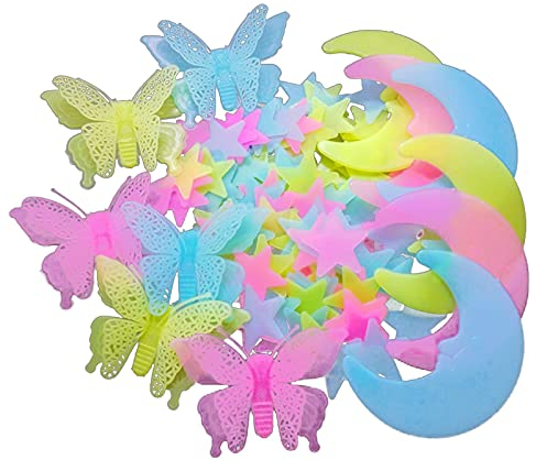 112 Stück Leuchtsticker Wandtattoo Set YUTOU Sterne Mond Schmetterling Wanddeko Aufkleber Selbstklebend Sternenhimmel Aufkleber Schlafzimmer Deko für Kinderzimmer Baby Kinder oder Schlafzimmer