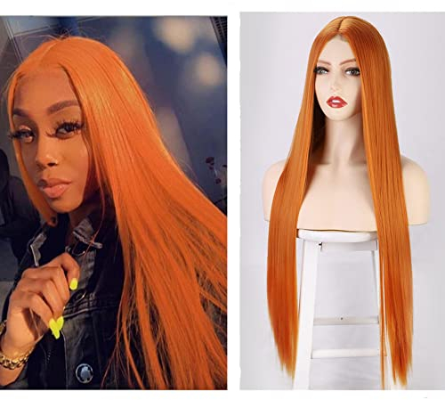 Greenmirr Orange Perücke Natürlicher Spitzen-Haaransatz Hitzebeständiges Haar mit Ersatzperücke für Frauen (Long Straigth Orange Wig 32in)
