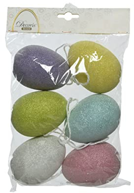Decoris Ostereier zum Aufhängen 9cm x 6 Stück Plastik mit Tautropfen Hängedeko Osterdeko bunt Pastell Mix