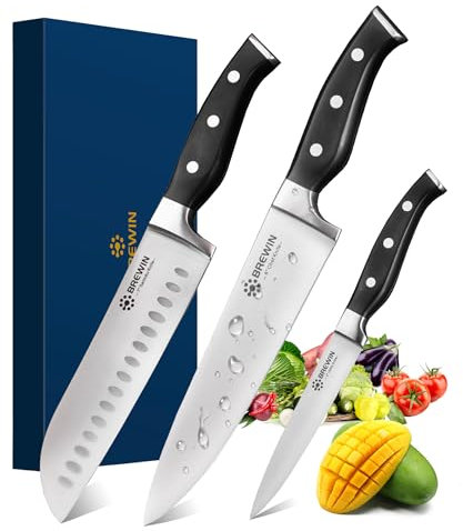 Brewin Juego de cuchillos de chef profesionales de 3 piezas, juego de cuchillos ultra afilados para cocina de acero inoxidable de alto carbono, juego de cuchillos de cocina japoneses con mango