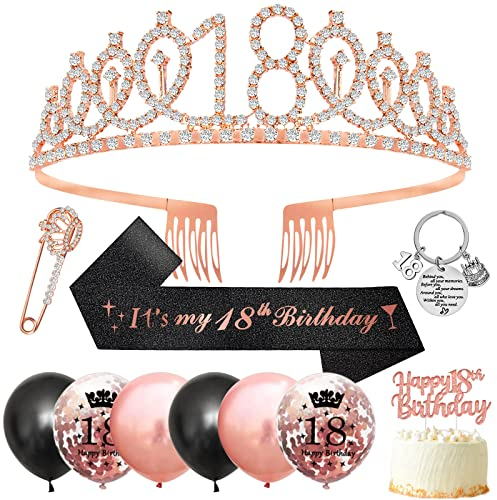 18. Geburtstag Mädchen, 18. Geburtstag Schärpe und Tiara,Geschenke Zum 18 Mädchen,Rose Gold Kristall Tiara Krone Birthday Schärpe,Luftballons Tortendeko Party Zubehör 18 Jährige