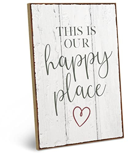 ARTFAVES® Wandbild Holzschild mit Spruch - This is our happy place - Türschild Retro Vintage Deko Bild Geschenk - Zuhause, Wohnung, Lieblingsplatz