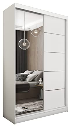 MEBLINI Kleiderschrank mit Spiegel, 2 Türen - Schwebetürenschrank mit Kleiderstange - Schlafzimmerschrank mit Einlegeböden - Wardrobe Closet - MAKIRA - 120 cm - Weiß/Weiß + Spiegel