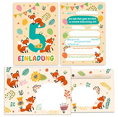 Junapack 12 Einladungskarten incl. 12 Umschläge zum 5. Kindergeburtstag fünfte Geburtstag Mädchen Jungen Fuchs