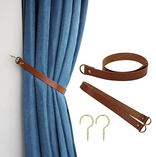 Raffhalter aus Leder, Vintage-Raffhalter für Outdoor-Vorhänge, mit 2 Metallhaken, Vorhanghalter für Büro, Zuhause, Wohnzimmer, Schlafzimmer, 2 Stück (dunkelbraun, schmal)