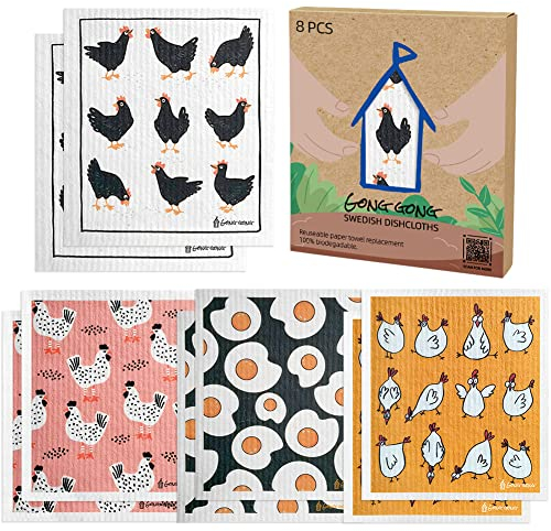 GONG GONG Swedish Dishcloth for Kitchen Cellulose Sponge Cloths Eco-Friendly Cleaning Cloth Reusable Dish Cloth (Flowers-8 pcs) (Chicken*8)