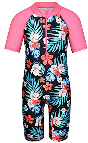 HUAANIUE Filles Maillot de Bain 1 Pièce 2-12 Ans, Anti-UV UPF 50+ Manches Courtes, Fermeture Éclair Frontale, Imprimés Colorés, Idéal pour Plage et Piscine (S406-Fleur Noir, 5-6 Ans)