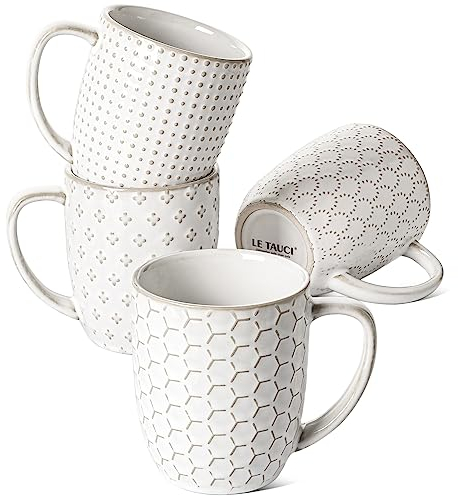 LE TAUCI Juego de 4 tazas de café de cerámica de 12 onzas (10 onzas prácticas), tazas compactas de 3.4 pulgadas para espresso, latte, té, cacao, capuchino y moca, adecuadas para bodas de inauguración