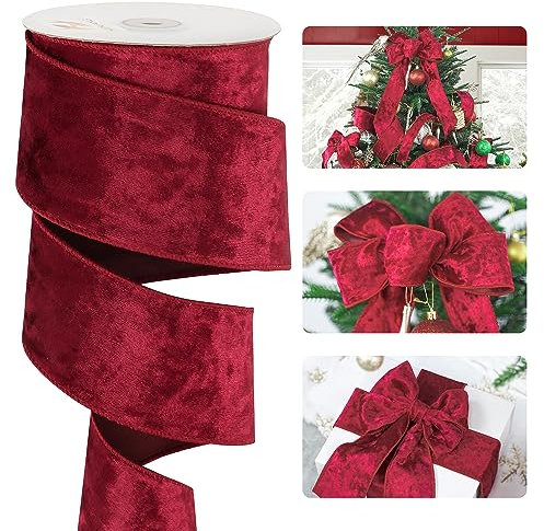 HUIHUANG Red Velvet Ribbon Wired 2-1/2 inch, Christmas Velvet Ribbon for X-mas Tree, Large Bows, Wreaths, Gift Wrapping, Garland, Home Decor, Crafts-Continuous 10 Yards/Roll